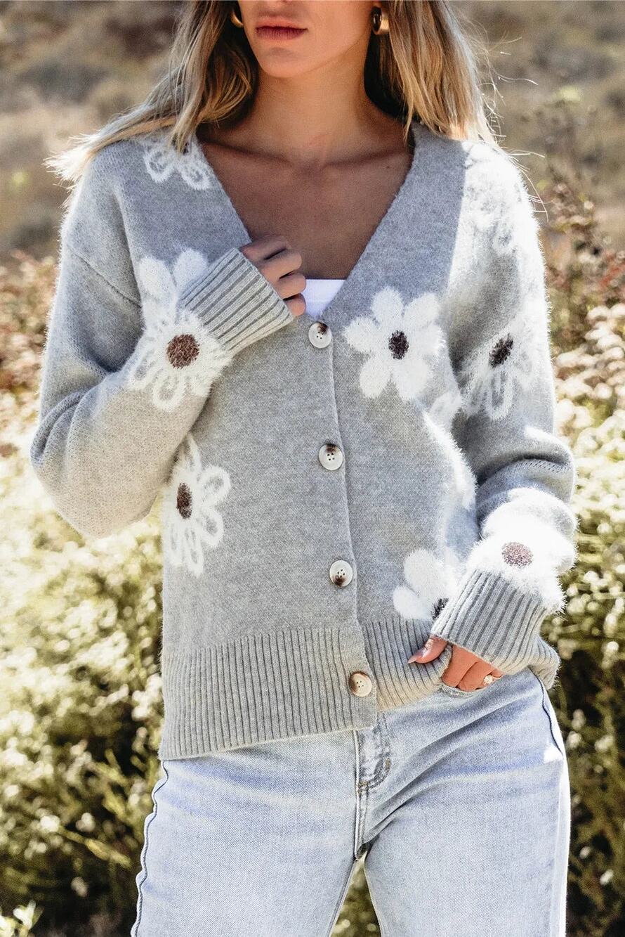 Daisy Gray White V Neck Button Cardigan Women’s Large Soft Stretchy